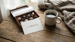 バレンタインのチョコレートと手書きのメッセージカード