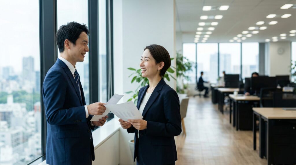 オフィスの窓際で、将来の事業計画や投資について前向きに議論している2人のビジネスパーソン