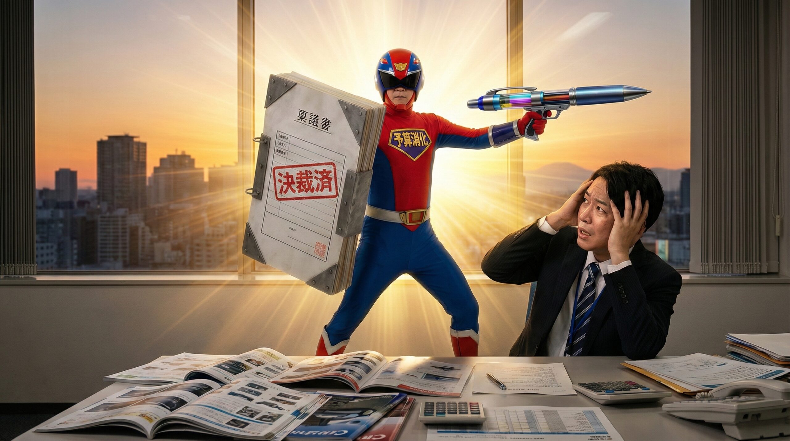 予算消化に悩むビジネスマンのもとに予算消化マンが登場