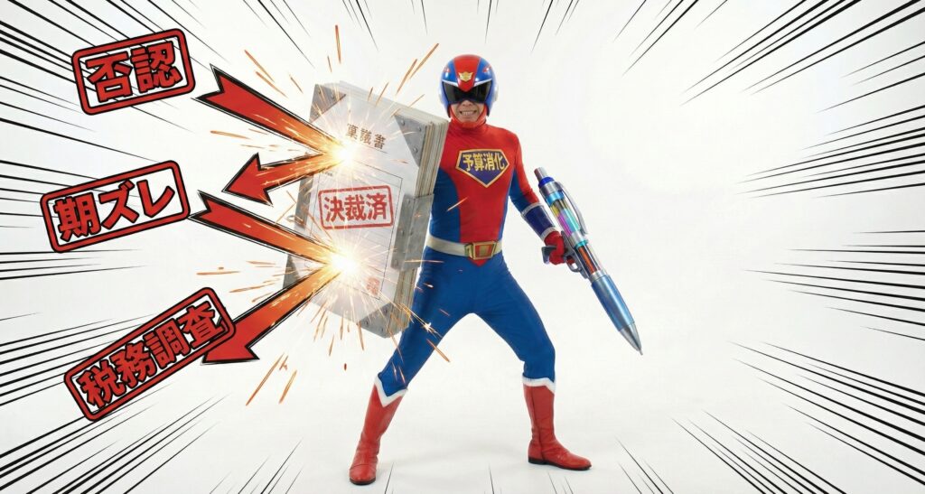 経理部門からの否認や税務リスクの攻撃を、決裁済シールドで防御する予算消化マン