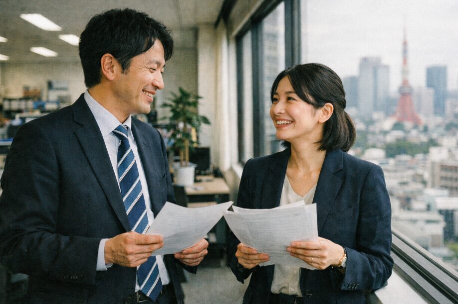 オフィスの窓際で、将来の事業計画や投資について前向きに議論している2人のビジネスパーソン