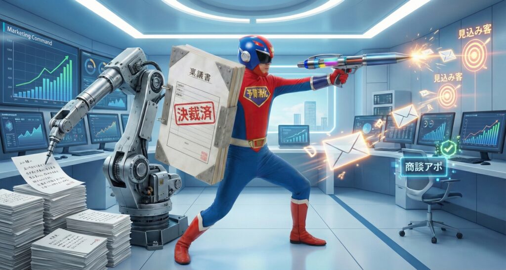 手書きロボットと協力し来期の見込み客獲得に向けて攻めの投資を行う予算消化マン